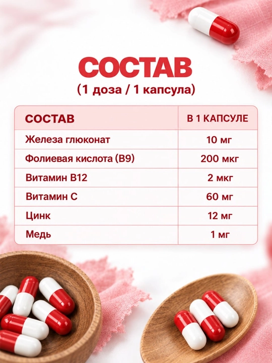 Vitaferras – temir, foliy kislotasi, B12 va sink bilan kompleks, 30 kapsulalar