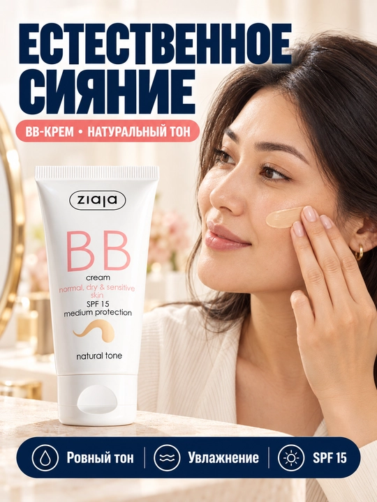 BB-крем Ziaja для сухой и чувствительной кожи, натуральный тон, SPF 15, 50 мл