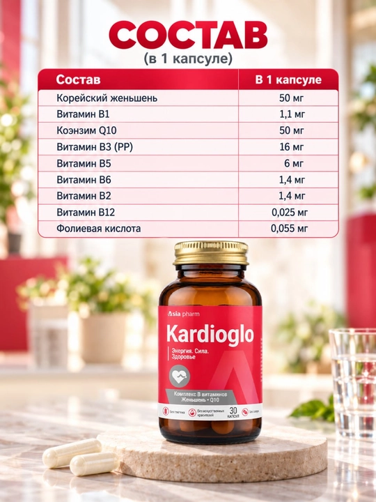 Kardioglo, Q10 koenzimi, yurak uchun jenshen va B guruhi vitaminlari, 30 ta kapsula