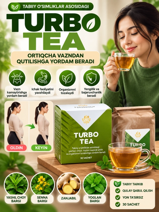 Tabiiy ozdiruvchi, shishlarga qarshi, turbo choyi, detoks, 30 ta paketcha - 