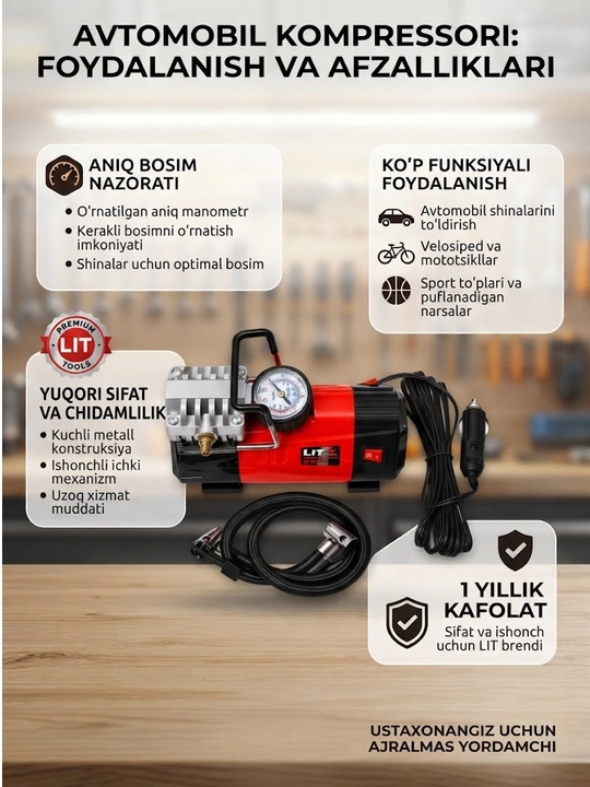 Shinalarni damlash uchun 12 V kuchlanishli avtomobil elektr kompressori - 