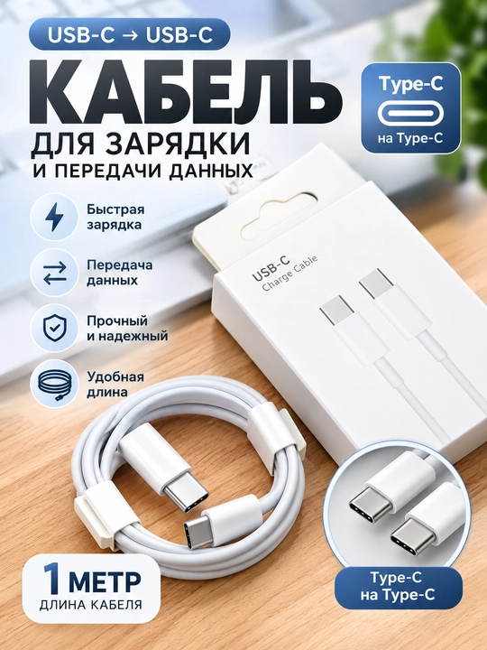 Кабель USB Type-C – Type-C, 60W, 6A, для быстрой зарядки и передачи данных, 1 м - 
