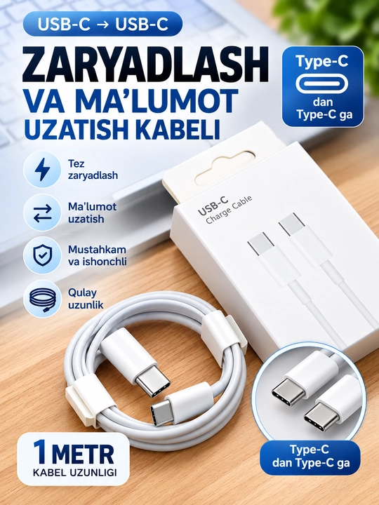 Кабель USB Type-C – Type-C, 60W, 6A, для быстрой зарядки и передачи данных, 1 м