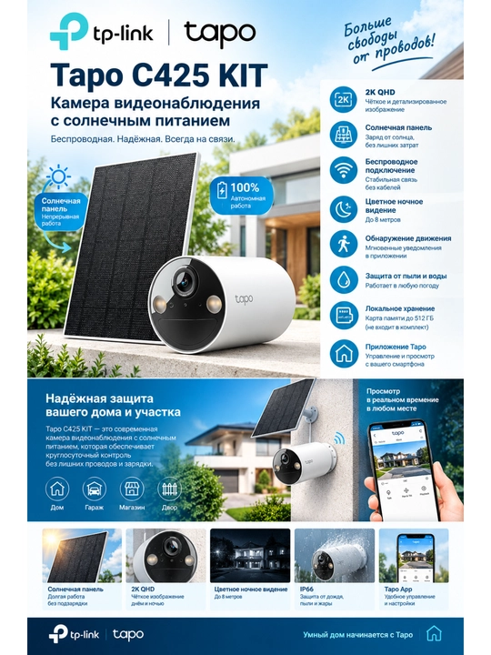 Tapo C425 KIT 4 MP 2K, akkumulyatorli, quyosh panelli, IP66 himoyali tashqi Wi-Fi kamera - 