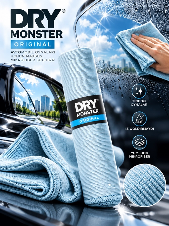 Микрофибра для стекол автомобиля Dry Monster 35x35, тряпка для стекла машины