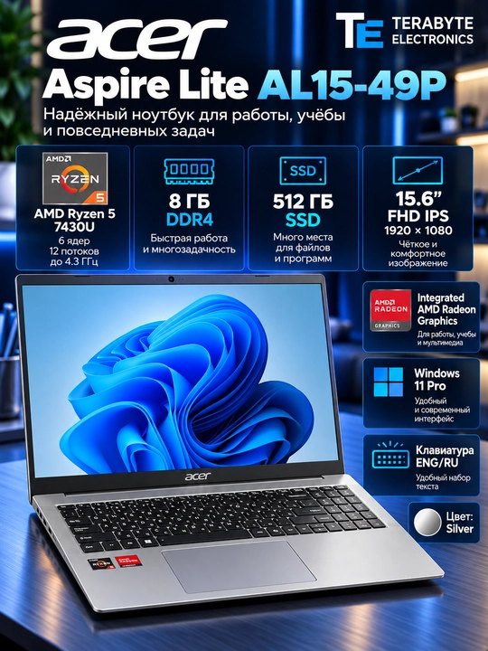 Ноутбук Acer Aspire Lite AMD Ryzen 5-7430U/ DDR4 8GB/ SSD 512GB/ IPS 15.6/ Windows 11 - 