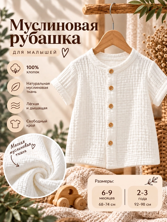 Детская муслиновая рубашка с коротким рукавом и воротником-стойкой, чёрная и белая - 