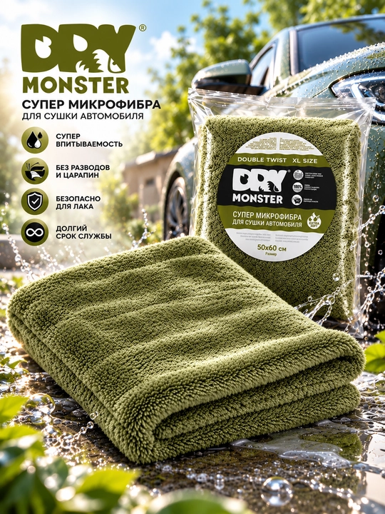 Полотенце для автомобиля DRY MONSTER, микрофибра для сушки машины, тряпка для авто - 