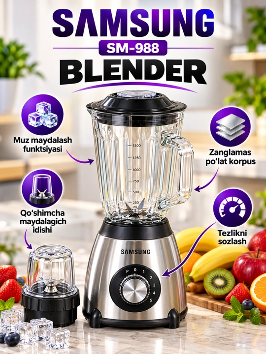 Samsung SM-988 blender, muz maydalash funksiyasi va qo‘shimcha maydalagich - 