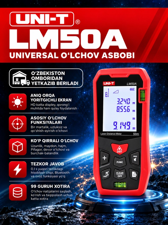 UNI-T LM50A lazerli masofa o‘lchagich, 50 m, 2″ ekran, yuza va hajm hisoblash - 