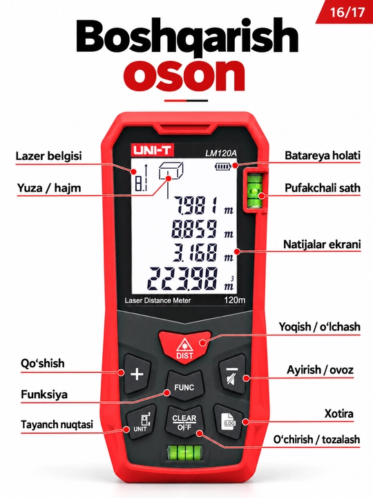 UNI-T LM50A lazerli masofa o‘lchagich, 50 m, 2″ ekran, yuza va hajm hisoblash