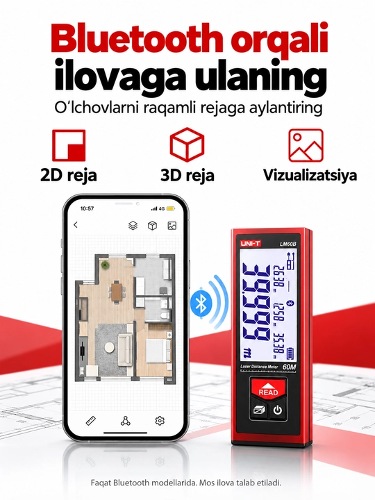 UNI-T LM50A lazerli masofa o‘lchagich, 50 m, 2″ ekran, yuza va hajm hisoblash