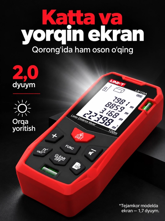 UNI-T LM50A lazerli masofa o‘lchagich, 50 m, 2″ ekran, yuza va hajm hisoblash