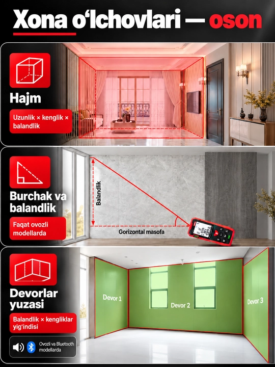 UNI-T LM50A lazerli masofa o‘lchagich, 50 m, 2″ ekran, yuza va hajm hisoblash