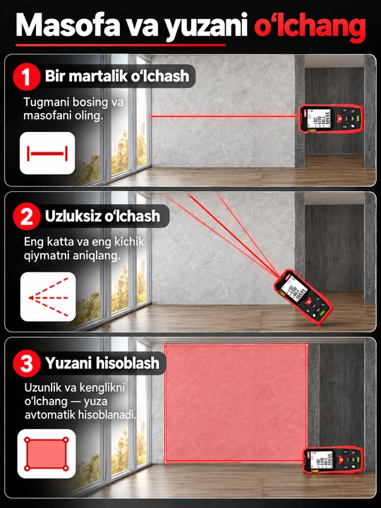 UNI-T LM50A lazerli masofa o‘lchagich, 50 m, 2″ ekran, yuza va hajm hisoblash