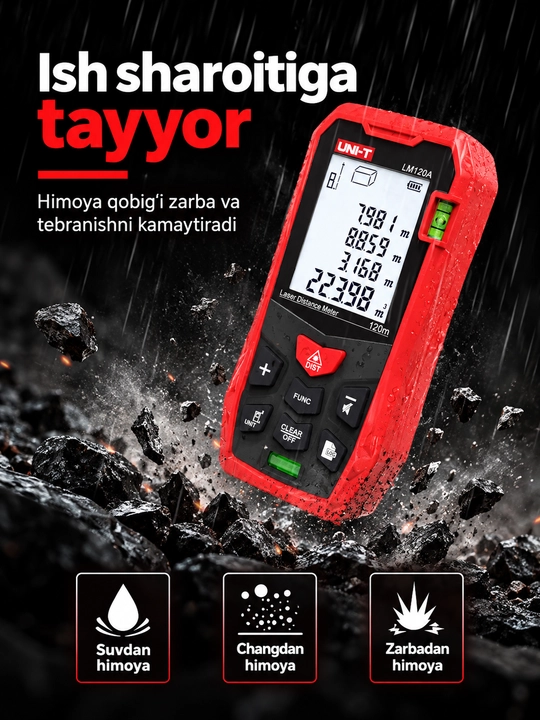 UNI-T LM50A lazerli masofa o‘lchagich, 50 m, 2″ ekran, yuza va hajm hisoblash