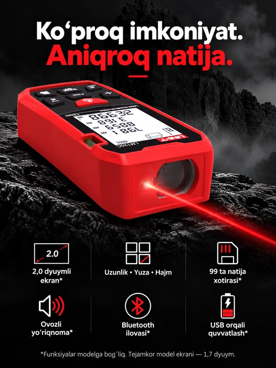 UNI-T LM50A lazerli masofa o‘lchagich, 50 m, 2″ ekran, yuza va hajm hisoblash