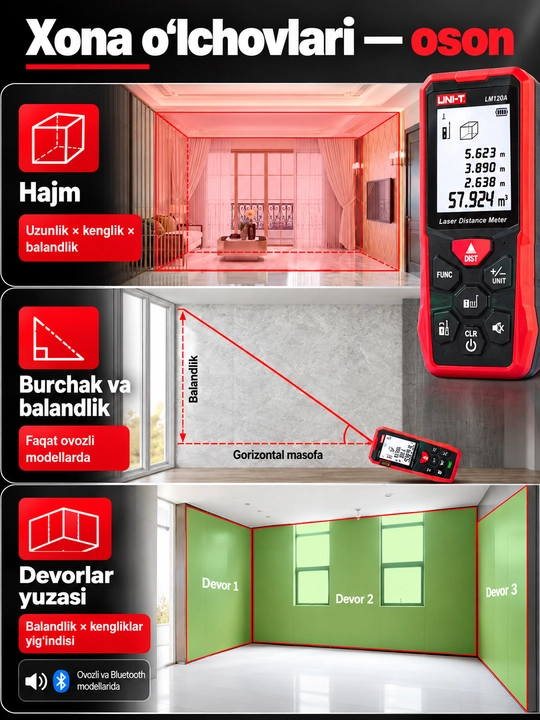 UNI-T LM50A lazerli masofa o‘lchagich, 50 m, 2″ ekran, yuza va hajm hisoblash