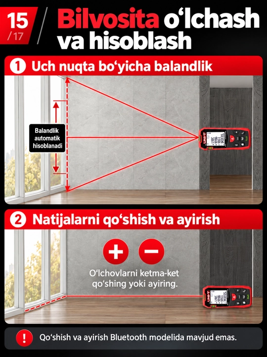 UNI-T LM50A lazerli masofa o‘lchagich, 50 m, 2″ ekran, yuza va hajm hisoblash