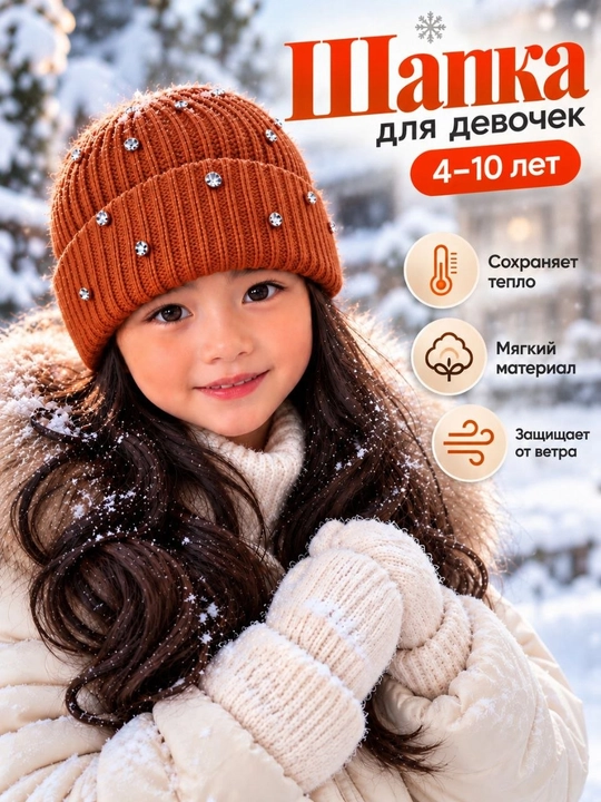 Зимняя шапка для девочек 4-10 лет - 