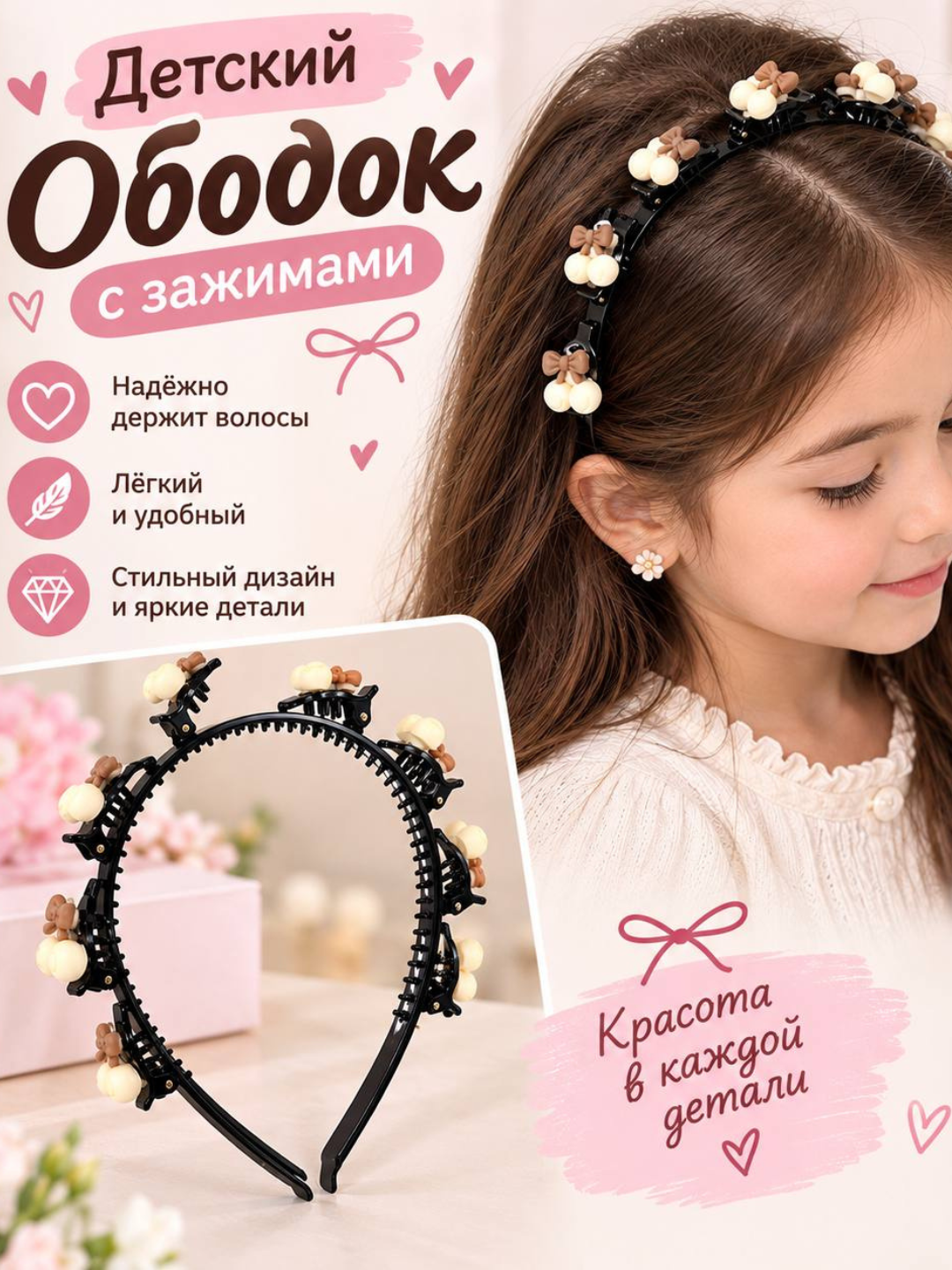 Ободок для волос, обокод с крабами зажимами для волос, для девочек - 