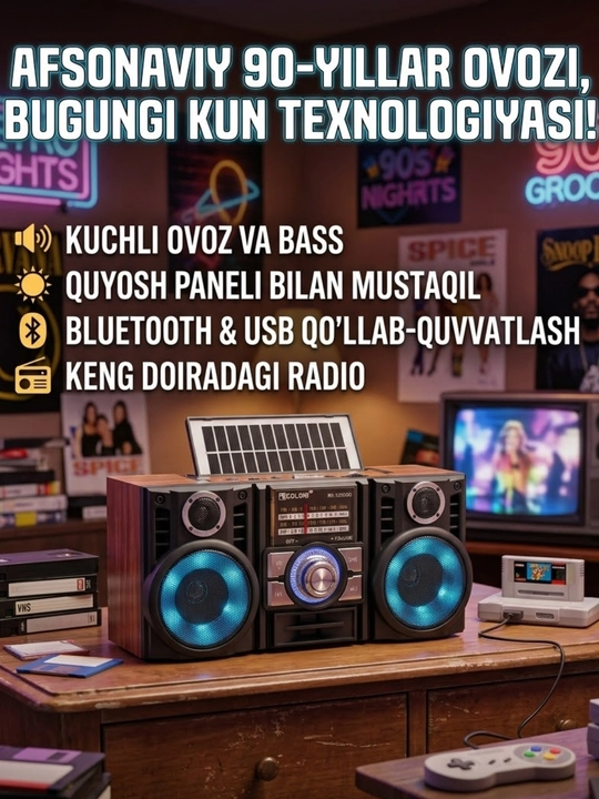 Portativ radio qabul qilgich, FM/AM/SW, Bluetooth, USB va quyosh paneli bilan - 