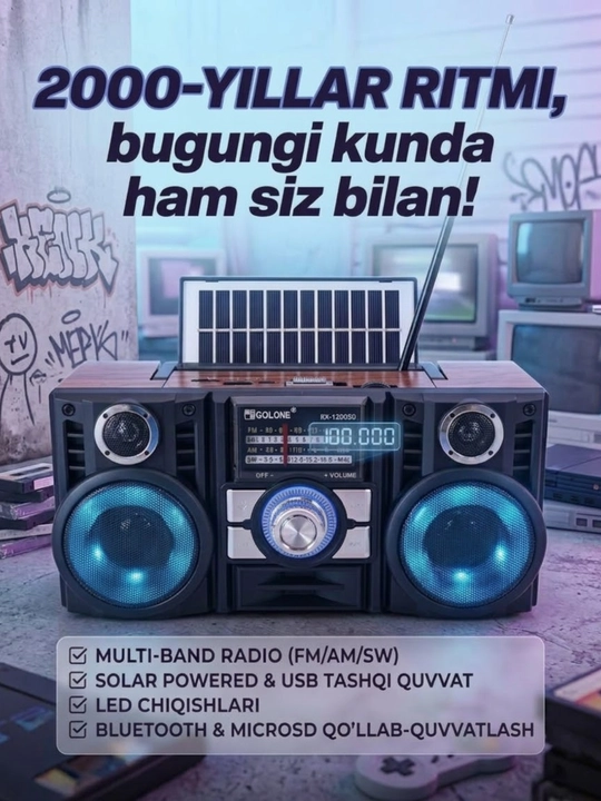 Portativ radio qabul qilgich, FM/AM/SW, Bluetooth, USB va quyosh paneli bilan