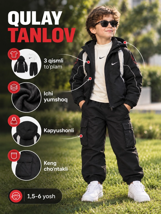 O‘g‘il bola uchun issiq kostyum, troyka, kurtka va shim