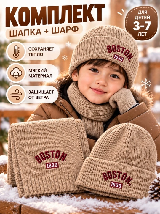 3–7 yoshli bolalar uchun BOSTON shapka va sharf komplekti, issiq qishki to‘plam - 