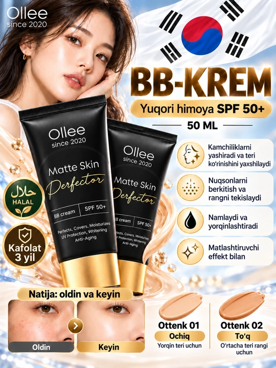 Yuz uchun BB krem OLLEE Matte Skin Perfector SPF50+, matlashtiruvchi va tekislovchi, 50 ml - 