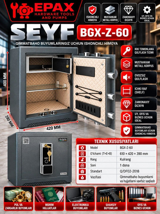 EPAX BGX-Z-60 metall seyf, 610×420×390 mm, kulrang, elektron qulfli - 