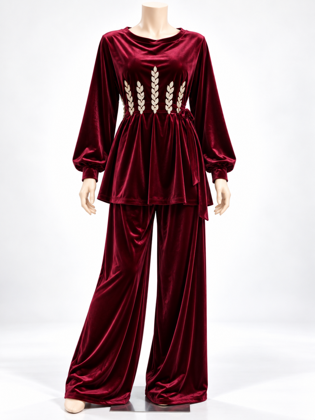 Ayollar uchun velvet dvoyka, uy kostyumi, keng shimli komplekt