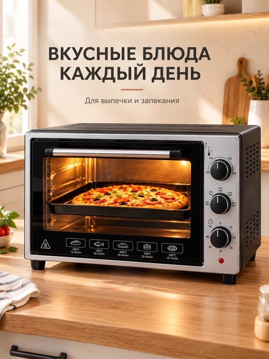 VESTA 3222 E mini pech 32L elektr duxovka 1400W qora shagren uy oshxonasi uchun pishirish