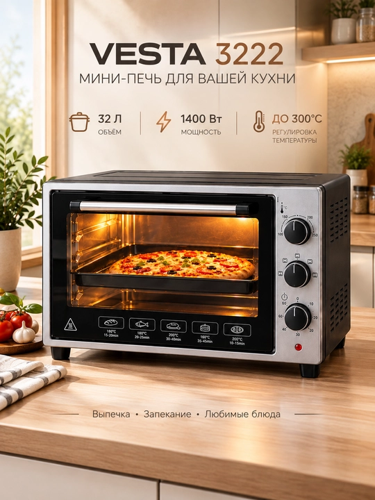 VESTA 3222 E mini pech 32L elektr duxovka 1400W qora shagren uy oshxonasi uchun pishirish