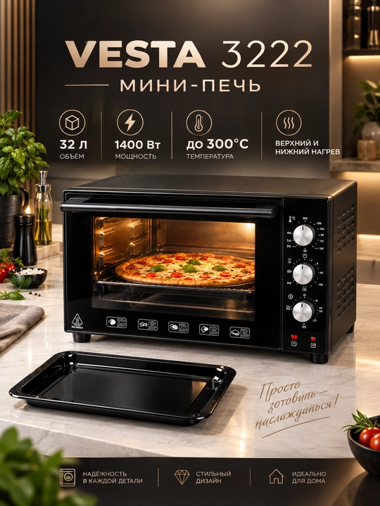 VESTA 3222 E mini pech 32L elektr duxovka 1400W qora shagren uy oshxonasi uchun pishirish