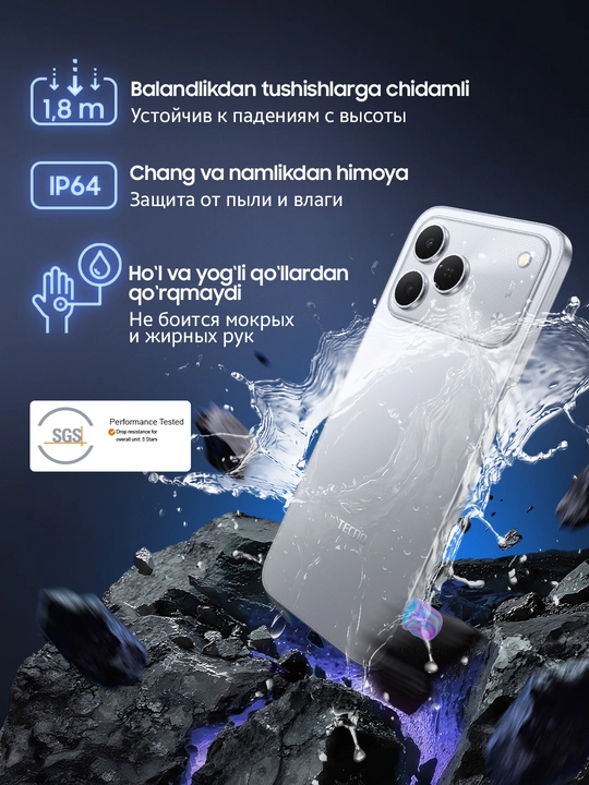 TECNO Spark 50 smartfoni, 4/128 GB, 6700 mAs batareyali telefon