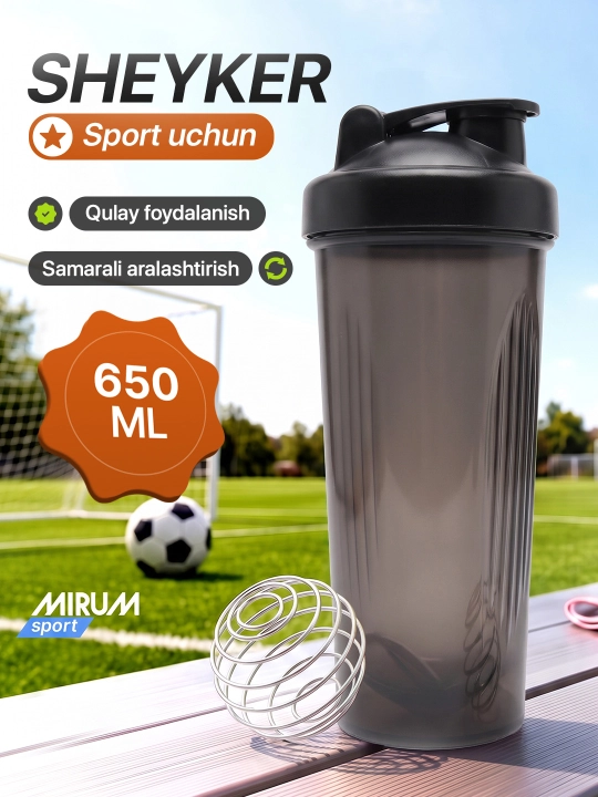Sport sheykeri metall prujinali, oqsil va sport kokteyllari uchun shisha, 600 ml - 