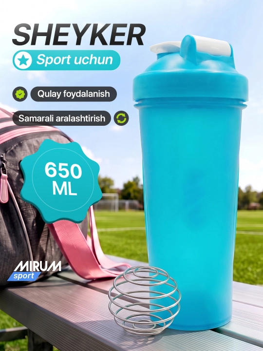 Sport sheykeri metall prujinali, oqsil va sport kokteyllari uchun shisha, 600 ml - 