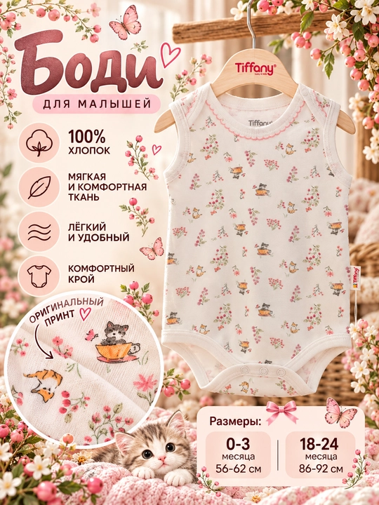 Tiffany Baby Cute Cats yengsiz bolalar bodisi, mushukchalar va gullar naqshli - 