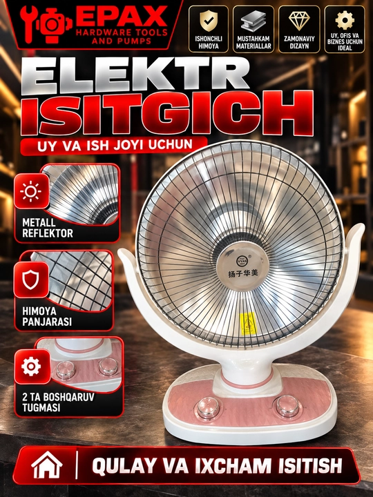 Metall qaytargich va himoya panjarasiga ega elektr isitgich - 