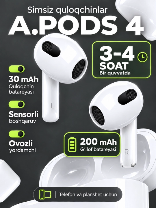 Simsiz quloqchinlar Pods 2 Pro, 3 Pro, Pro, 4, sensorli Bluetooth naushnik iPhone Android - 