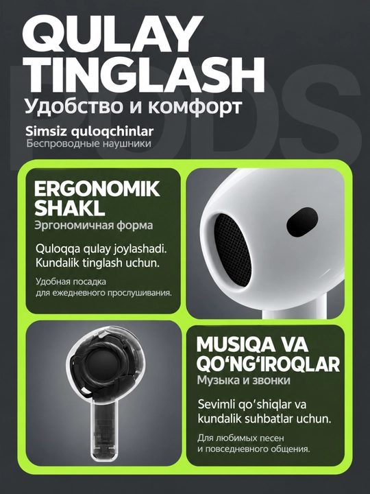 Simsiz quloqchinlar Pods 2 Pro, 3 Pro, Pro, 4, sensorli Bluetooth naushnik iPhone Android