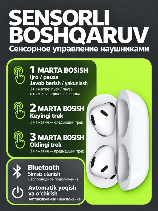 Simsiz quloqchinlar Pods 2 Pro, 3 Pro, Pro, 4, sensorli Bluetooth naushnik iPhone Android