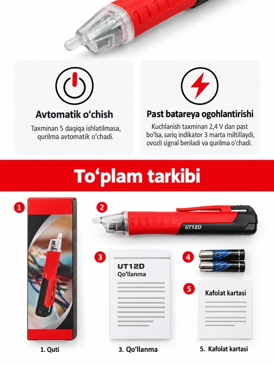 UNI-T UT12D-ROW kontaktsiz kuchlanish detektori, 24–1000 V AC, NCV, fonarli