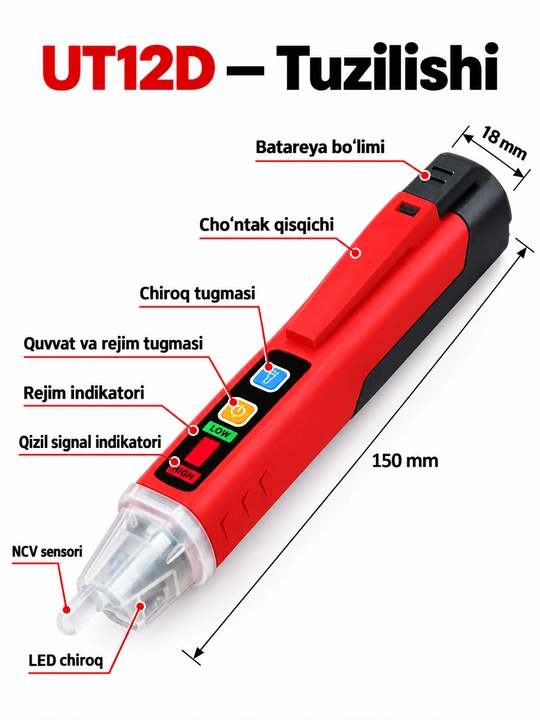 UNI-T UT12D-ROW kontaktsiz kuchlanish detektori, 24–1000 V AC, NCV, fonarli