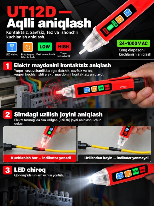 UNI-T UT12D-ROW kontaktsiz kuchlanish detektori, 24–1000 V AC, NCV, fonarli