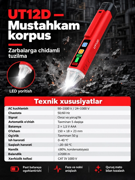 UNI-T UT12D-ROW kontaktsiz kuchlanish detektori, 24–1000 V AC, NCV, fonarli