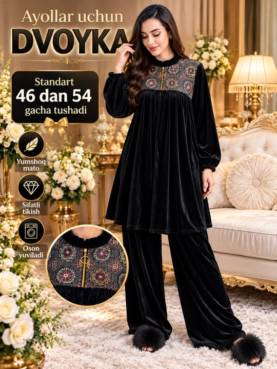 Ayollar uchun zamonaviy dvoyka uy kiyimi standart razmer 46 dan 54 gacha