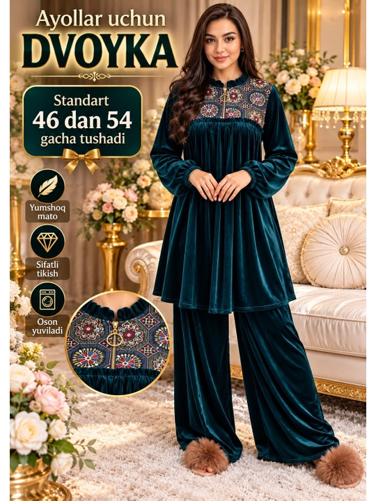 Ayollar uchun zamonaviy dvoyka uy kiyimi standart razmer 46 dan 54 gacha