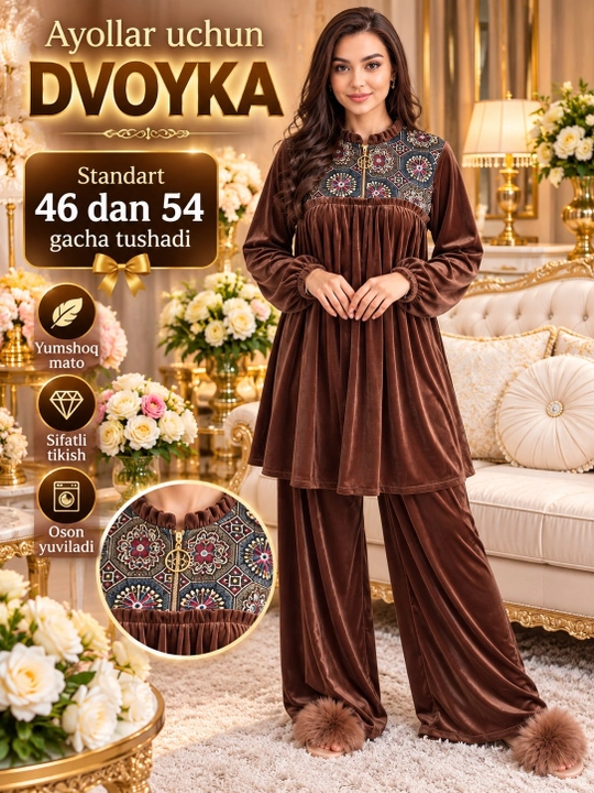 Ayollar uchun zamonaviy dvoyka uy kiyimi standart razmer 46 dan 54 gacha